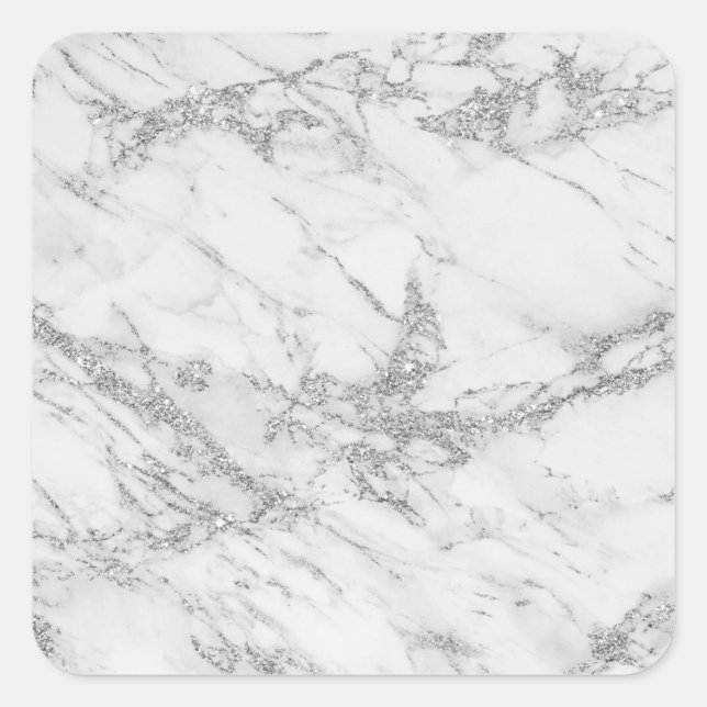 Elegant chic white gray silver glitter marble square sticker (Front)