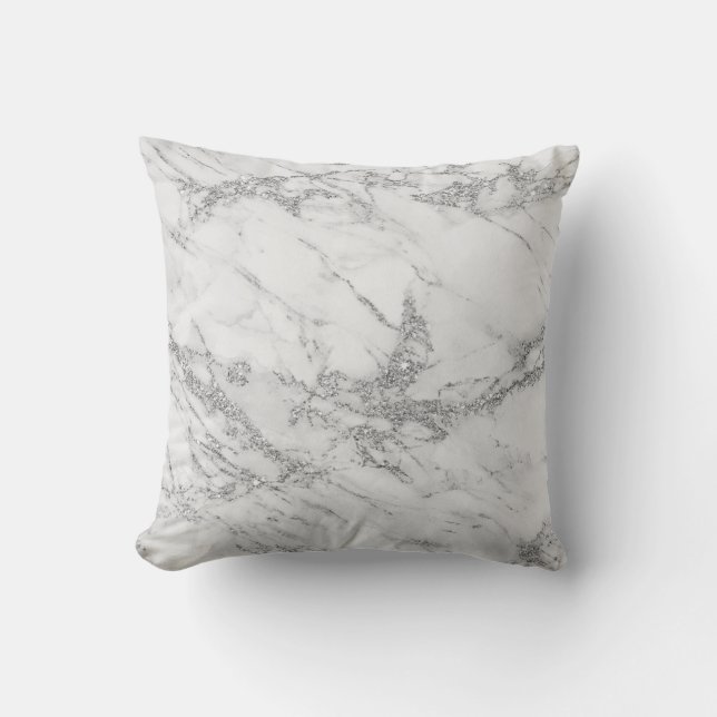 Elegant chic white gray silver glitter marble throw pillow (Front)