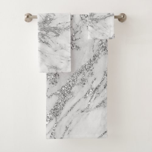 Elegant chic white gray silver marble bath towel set