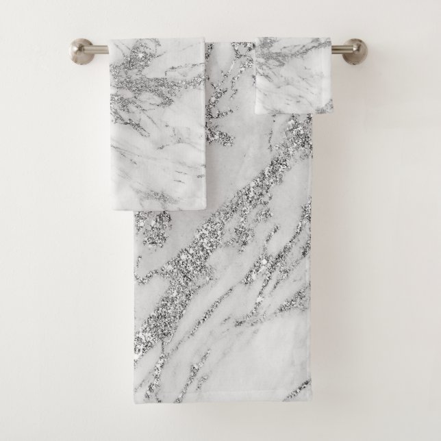 Elegant chic white gray silver marble bath towel set (Insitu)