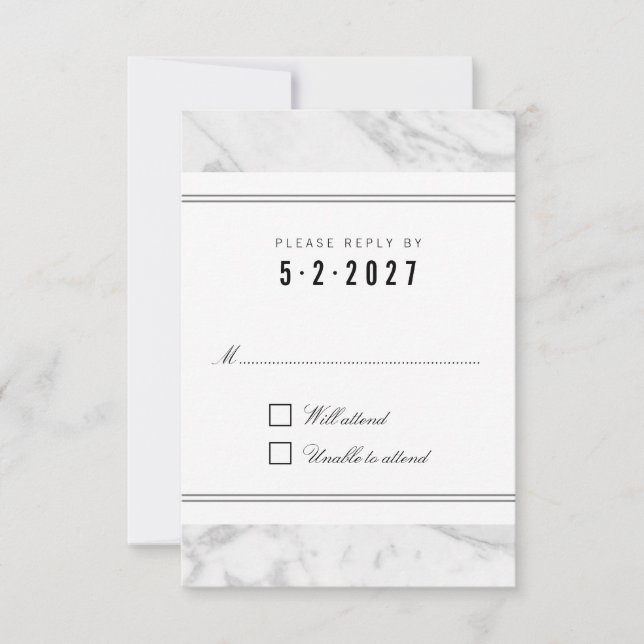 Elegant Chic White Grey Marble Wedding RSVP Card (Front)