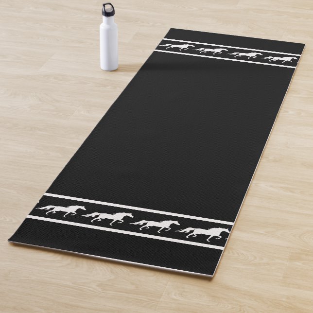 Elegant, Chic White Horses on Black Yoga Mat (In Situ)