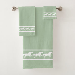 Elegant, Chic White Horses on Laurel Green Bath Towel Set