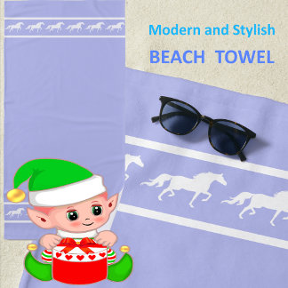 Elegant, Chic White Horses on Light Blue Beach Towel