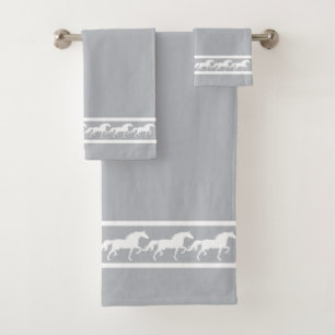 Elegant, Chic White Horses on Light Silver Gray Bath Towel Set