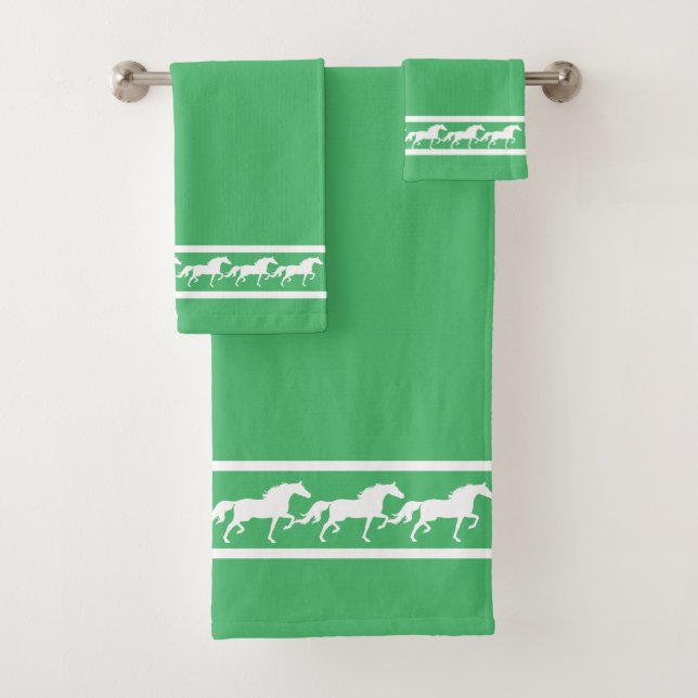 Elegant, Chic White Horses on Lucky Emerald Green Bath Towel Set (Insitu)