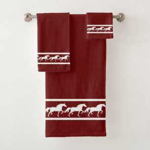 Elegant, Chic White Horses on Maroon Bath Towel Set