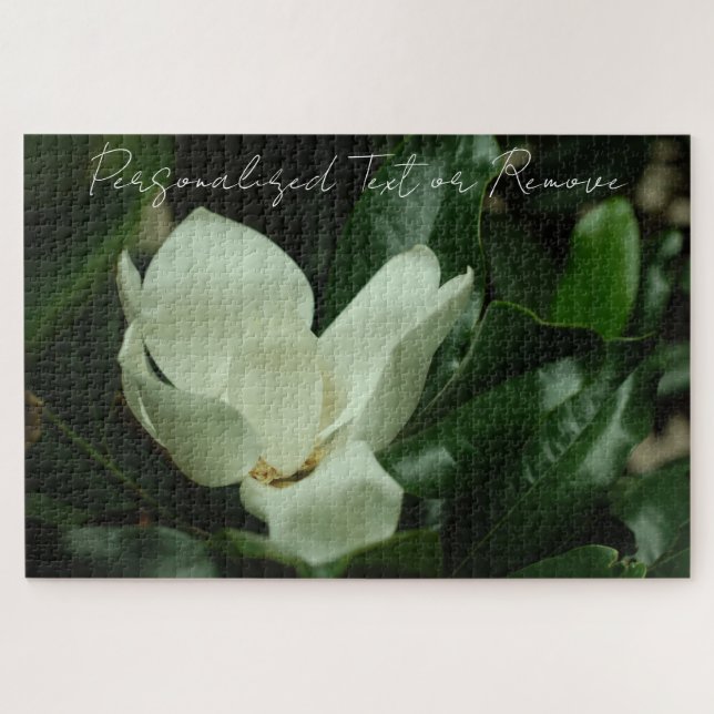 Elegant Chic White Magnolia with Personalized Text Jigsaw Puzzle (Horizontal)