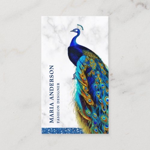 Elegant Chic White Marble Blue Indian Peacock Business Card