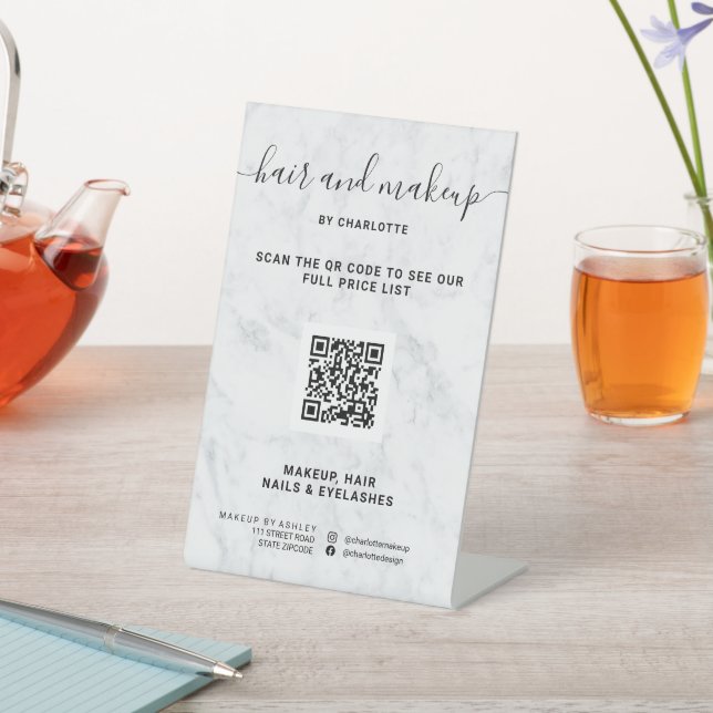 Elegant chic white marble makeup digital QR price Pedestal Sign (In SItu)