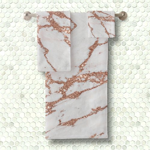 Elegant chic white  rose gold glitter marble bath towel set