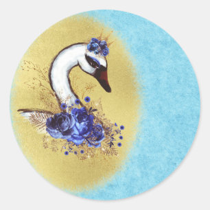 Elegant & Chic White Swan Blue Flowers Classic Round Sticker