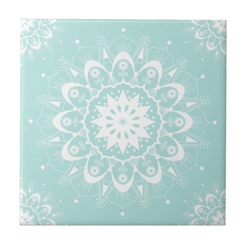 Elegant Chic White Teal Floral Geometric Mandala  Ceramic Tile