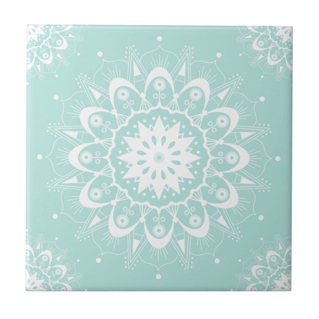 Elegant Chic White Teal Floral Geometric Mandala  Ceramic Tile (Front)