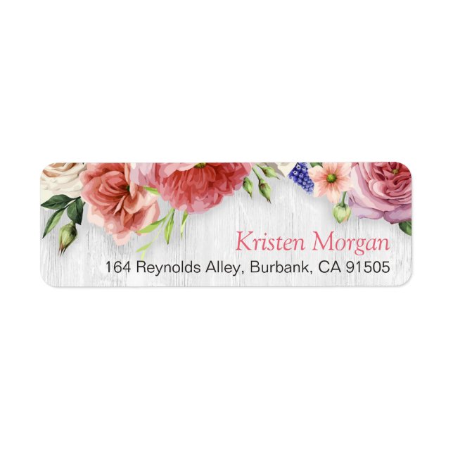 Elegant Chic White Wood Pink Roses Floral Label (Front)