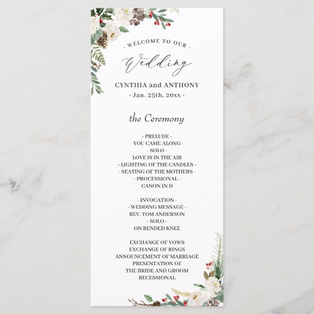 Elegant Chic Winter Floral Holly Berries Wedding Program (Front)