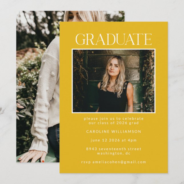 Elegant Chic Yellow Two Photo Graduation Party Invitation (Front/Back)