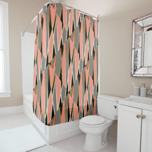 elegant chick abstract gold black grey coral pink shower curtain (In Situ)
