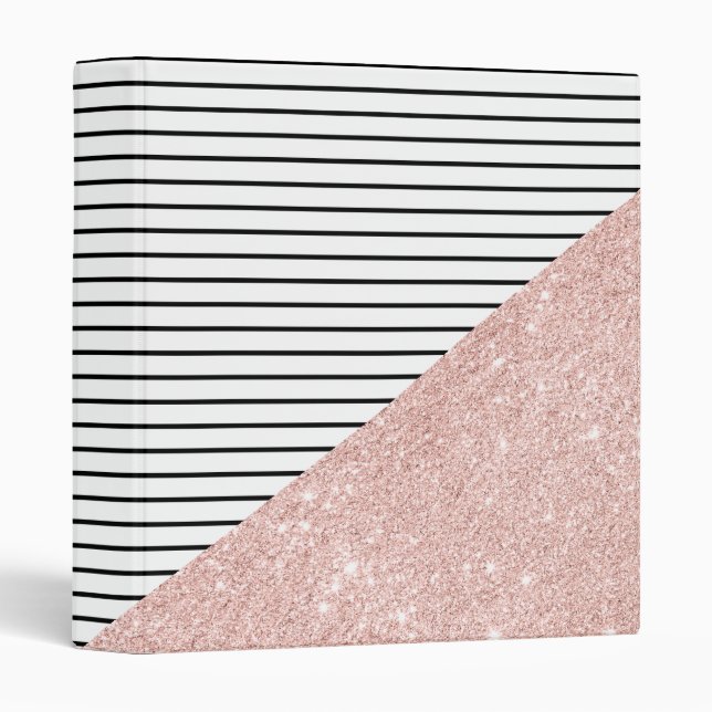 Elegant chick black stripes and rose gold glitter 3 ring binder (Front/Spine)