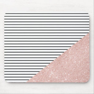 Elegant chick black stripes and rose gold glitter mouse pad