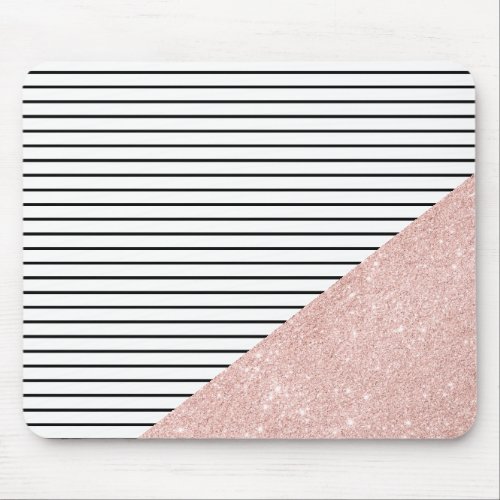 Elegant chick black stripes and rose gold glitter mouse pad