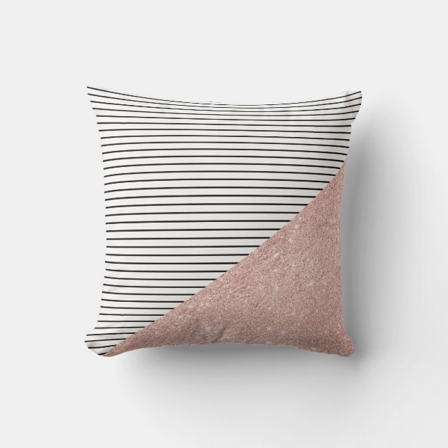 Elegant chick black stripes and rose gold glitter throw pillow (Front)