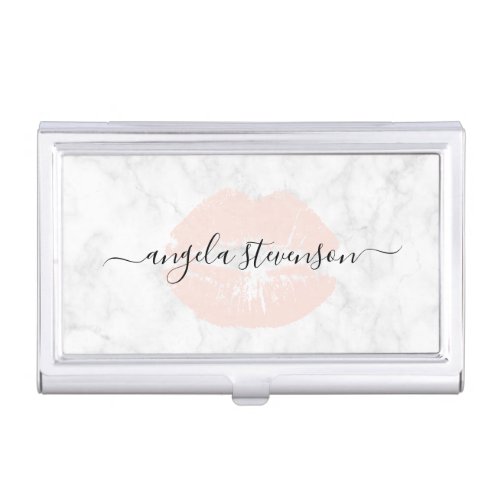 Elegant chick blush pink lips marble makeup artist business card case