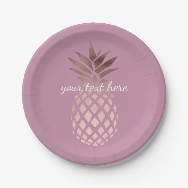 elegant chick clear rose gold tropical pineapple paper plates (Front)