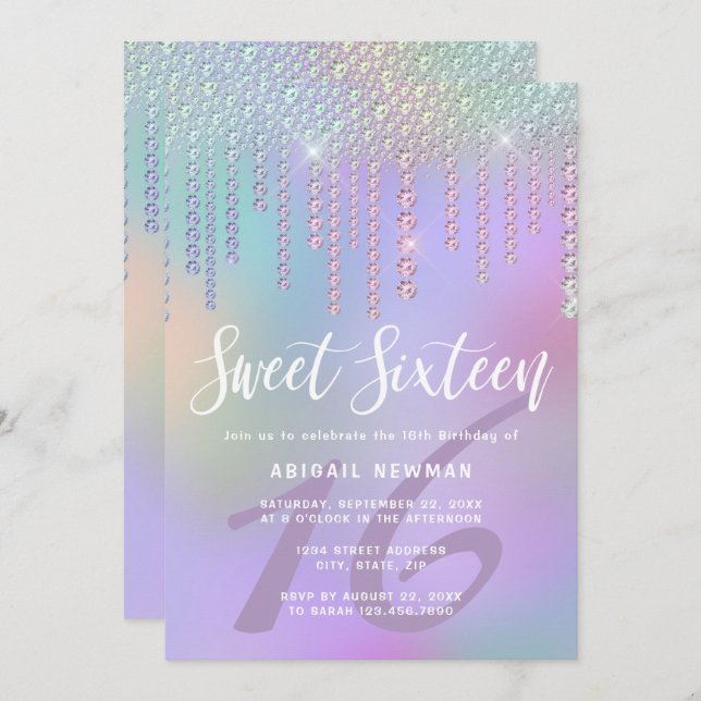 Elegant chick diamond drips purple sweet sixteen invitation (Front/Back)