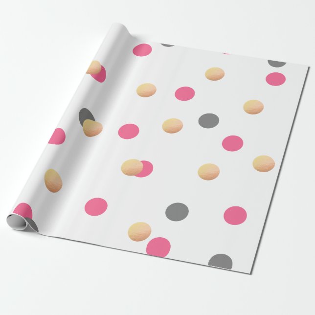 elegant chick faux gold grey pink confetti dots wrapping paper (Unrolled)