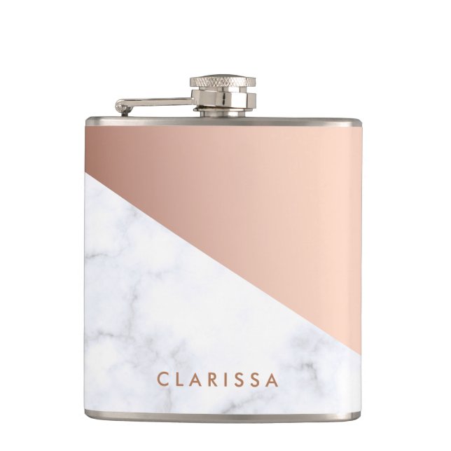 Elegant chick geometric white marble rose gold flask (Front)