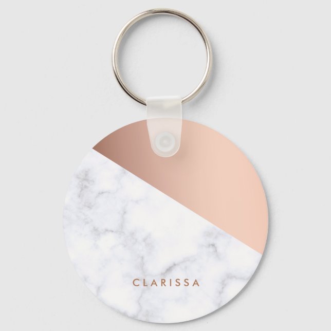 Elegant chick geometric white marble rose gold keychain (Front)