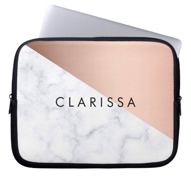 Elegant chick geometric white marble rose gold laptop sleeve (Front)