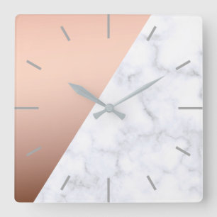 Elegant chick geometric white marble rose gold square wall clock