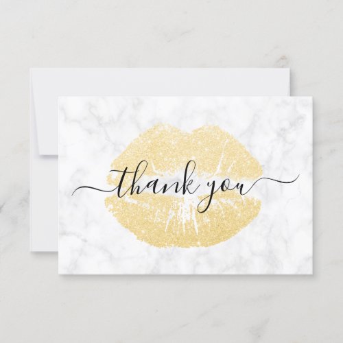 Elegant chick gold glitter lips white marble thank you card