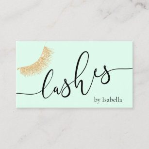 Elegant chick gold glitter mint green lashes business card