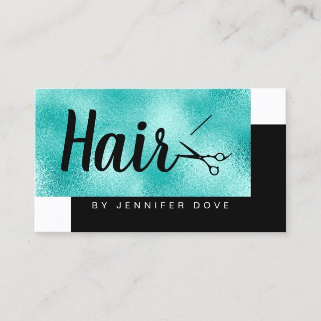 Elegant chick mint blue scissors hairstylist business card (Front)
