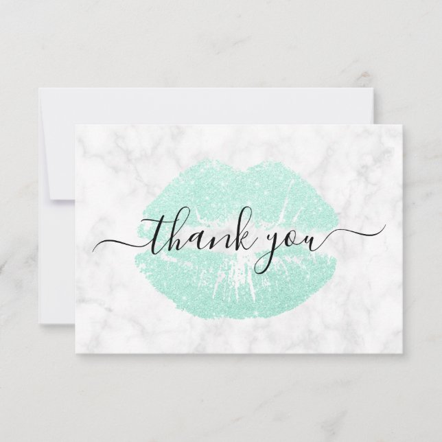 Elegant chick mint green glitter lips white marble thank you card (Front)