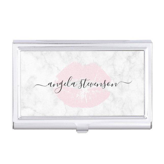 Elegant chick pink lips marble makeup artist business card case (Front)