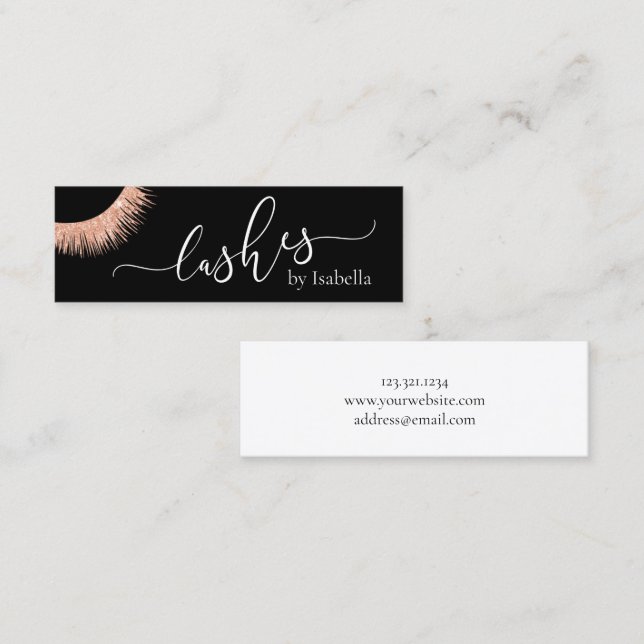 Elegant chick rose gold glitter black lashes mini business card (Front/Back)