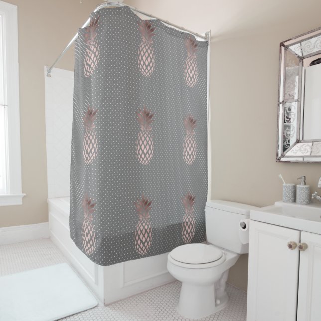 elegant chick rose gold pineapple polka dots shower curtain (In Situ)