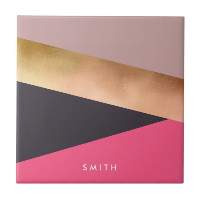 elegant chick rose gold pink grey color block ceramic tile (Front)