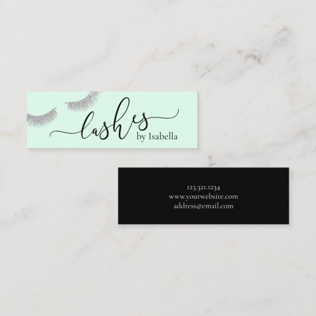 Elegant chick silver glitter mint green lashes mini business card (Front/Back)
