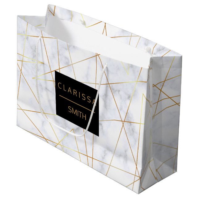 elegant chick white marble faux gold geometric large gift bag (Front Angled)