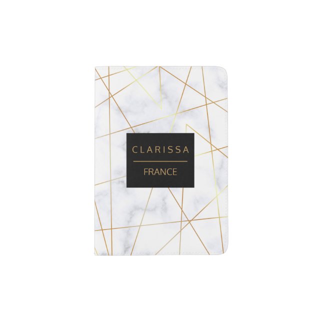 elegant chick white marble faux gold geometric passport holder (Front)