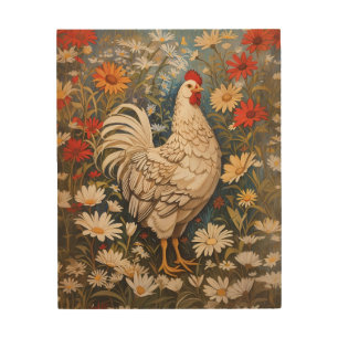 Elegant Chicken And Daisy Flowers Wood Wall Art