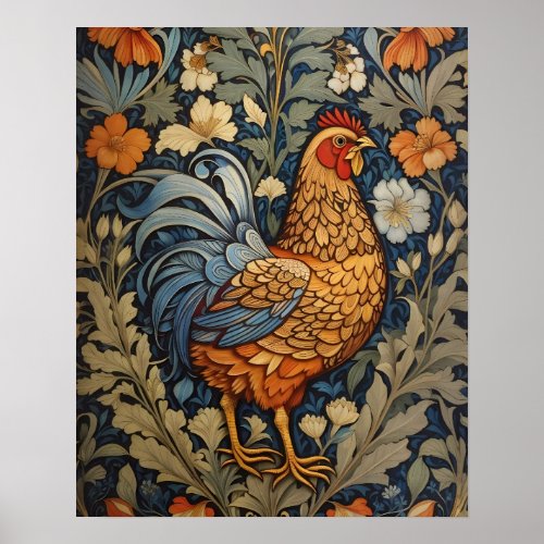 Elegant Chicken William Morris Inspired Floral Poster