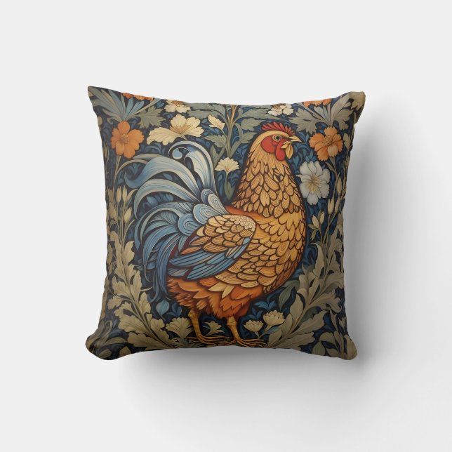 Elegant Chicken William Morris Inspired Floral Throw Pillow (Front)
