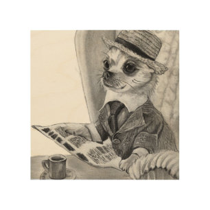 Elegant chihuahua reading newspaper Wood Wall Art