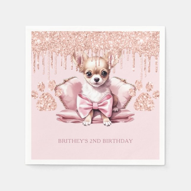 Elegant Chihuahua with Glitter Birthday Party Napkins (Front)